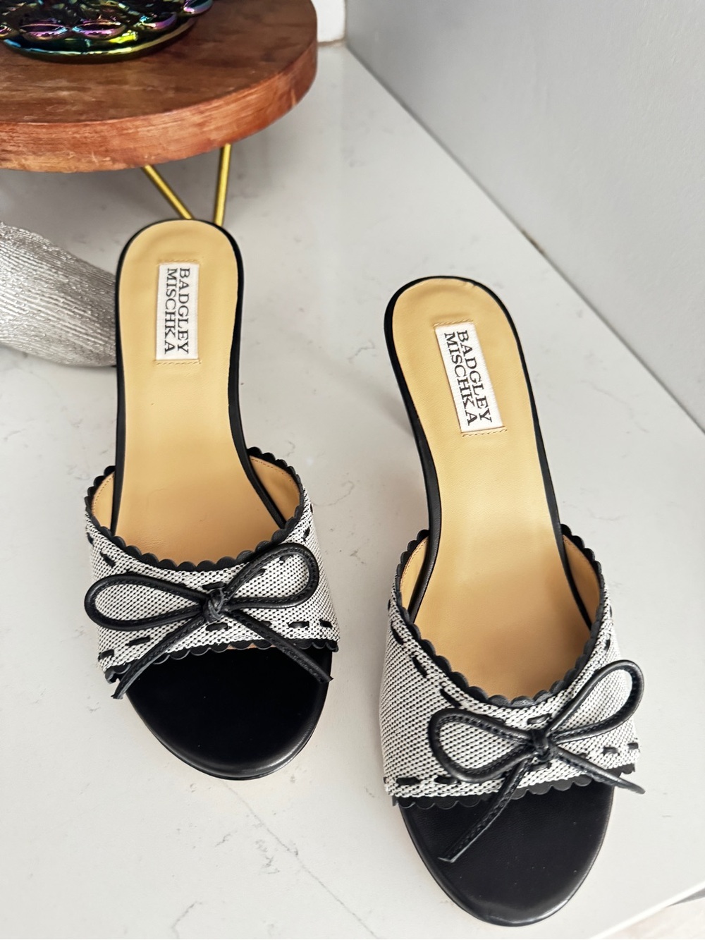 New -2025 sample - Badgley Mischka Black and White Open-Toe Kitten-Heel Mules - Picture 2 of 3
